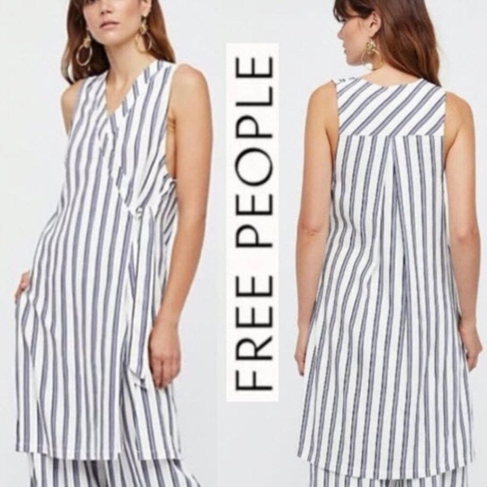 Free People Wrap Tunic Dress Blue White Stripe High Slit Sleeveless size small